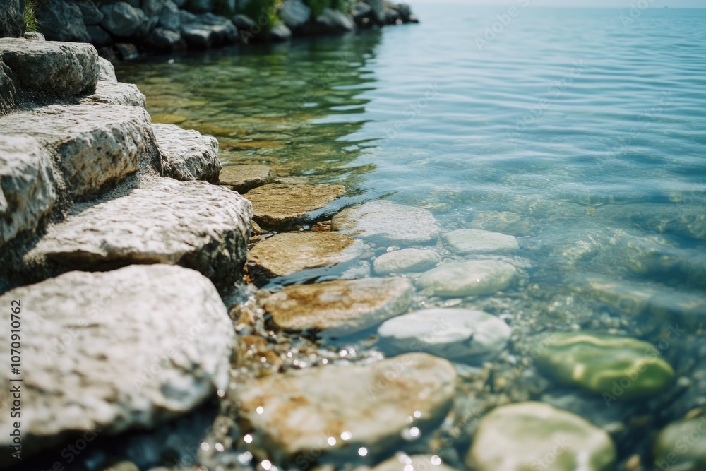 A serene lake scene with rocky shoreline and calm waters A serene lake scene with rocky shoreline and calm waters