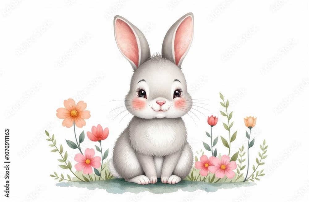 Fototapeta premium Cute Bunny Sitting Among Pastel Flowers in Watercolor Illustration on White Background