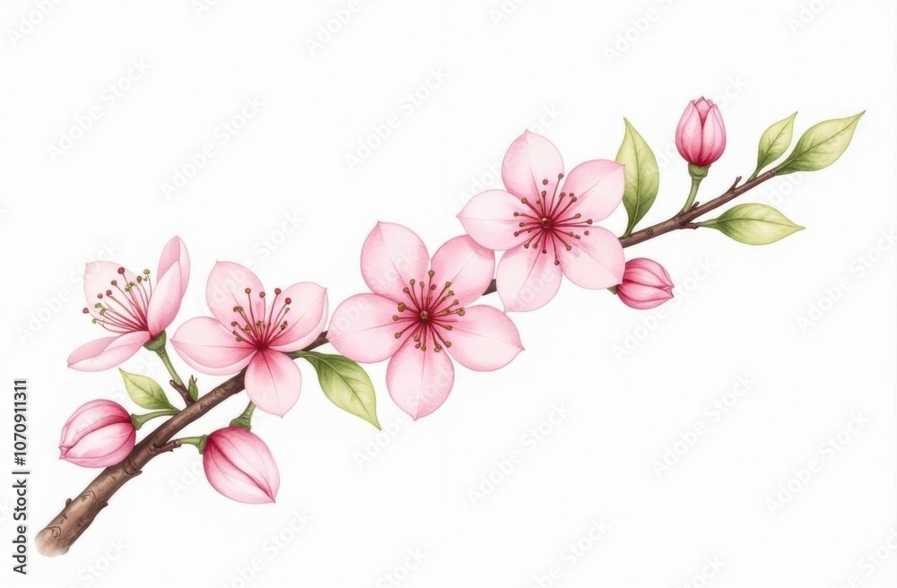 Blooming Cherry Blossom Branch with Pink Petals and Green Leaves on White Background Blooming Cherry Blossom Branch with Pink Petals and Green Leaves on White Background