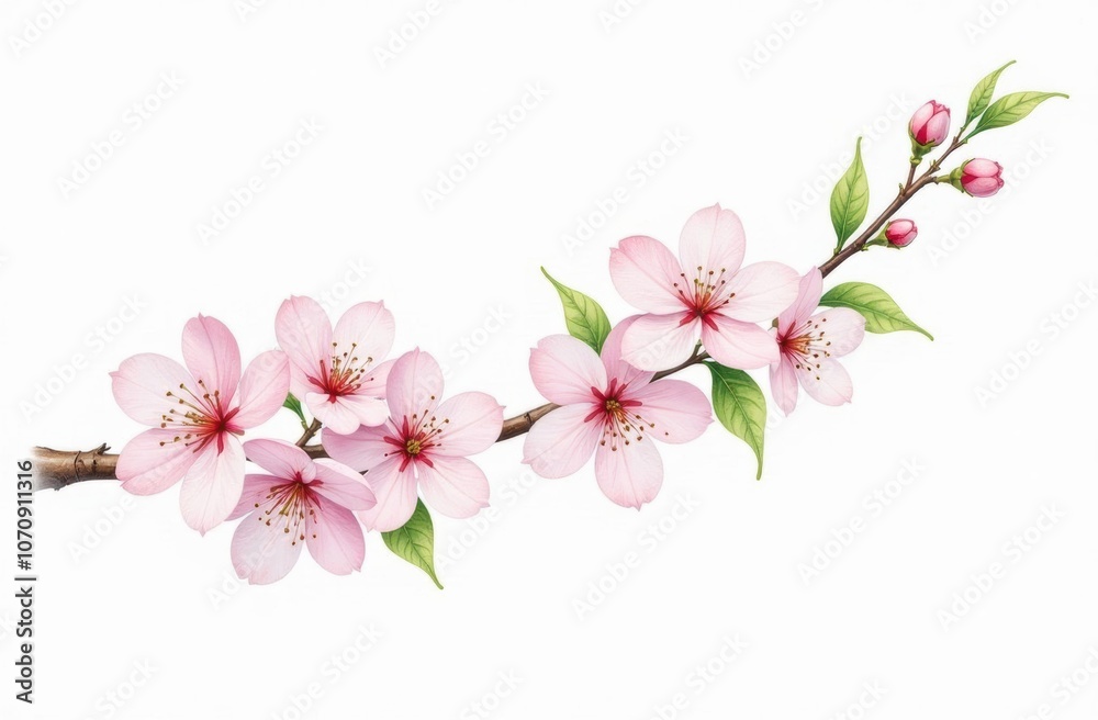 Blooming Cherry Blossom Branch with Pink Petals and Green Leaves on White Background Blooming Cherry Blossom Branch with Pink Petals and Green Leaves on White Background