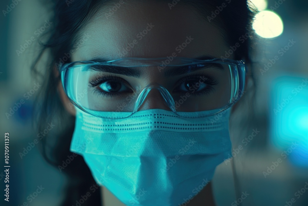 A close-up view of a person wearing protective gear, great for use in scientific or medical contexts A close-up view of a person wearing protective gear, great for use in scientific or medical contexts