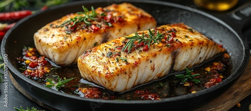 A vibrant and mouthwatering photograph of two halibut fillets in cast iron skil anos with zicate sauce, garnished with fresh herbs like rosemary or thyme.  photo