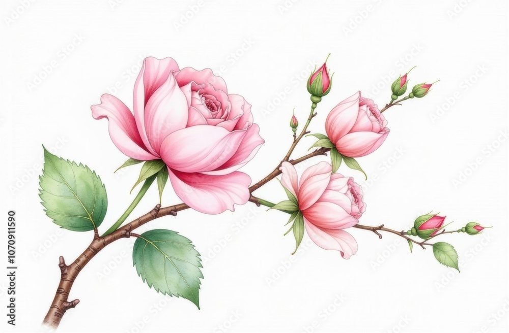 Fototapeta premium Watercolor Blooming Rose Branch with Light Petals and Green Leaves on White Background