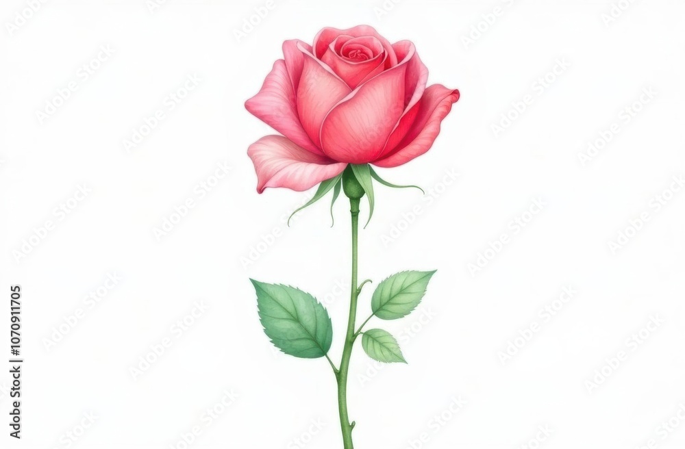 Watercolor Rose in Full Height with Pink and Red Petals and Green Stem on White Background