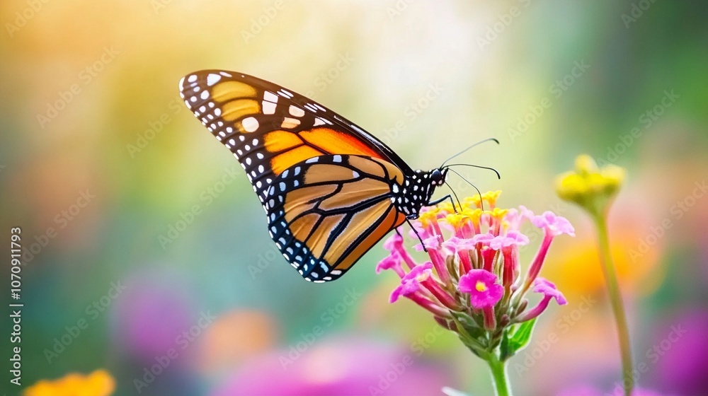 A vibrant monarch butterfly perched delicately on a pink flower, its orange wings spread wide against a soft, colorful background of blurred blooms. A vibrant monarch butterfly perched delicately on a pink flower, its orange wings spread wide against a soft, colorful background of blurred blooms.