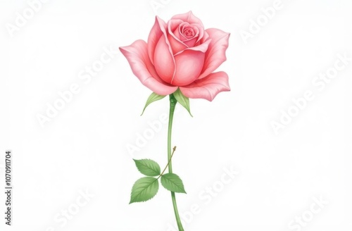 Watercolor Rose in Full Height with Pink and Red Petals and Green Stem on White Background