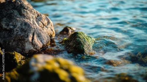 A clear view of a rock submerged in water, suitable for use in illustrations about nature, geology or environmental themes photo