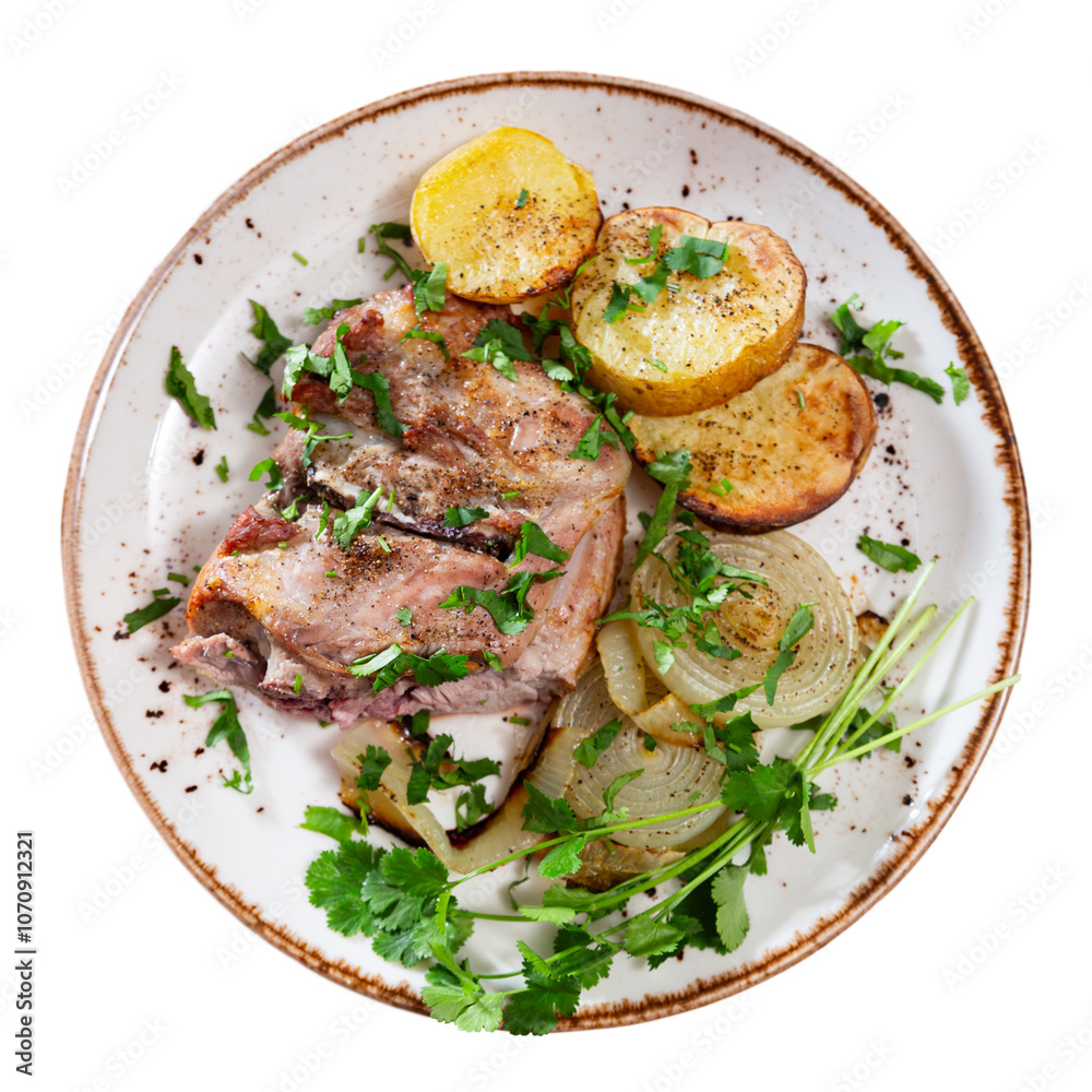 Delicious sliced leg of lamb with potatoes, onions and dill. Isolated over white background Delicious sliced leg of lamb with potatoes, onions and dill. Isolated over white background