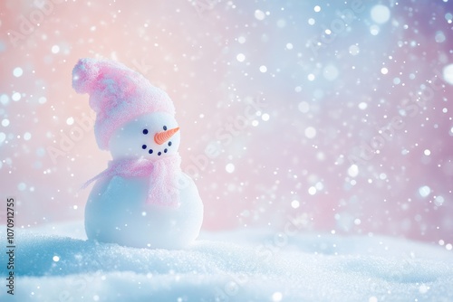 dreamy snowman in pastel attire, surrounded by soft snowflakes and a pastel winter wonderland photo