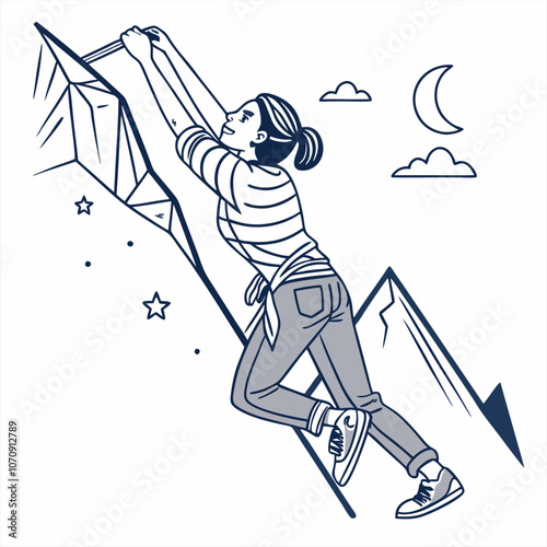 Illustration of Determined Woman Climbing a Steep Mountain. illustration, female, climbing, mountain, adventure, determination, night sky, stars.