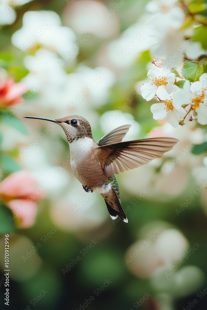 Fototapeta premium Hummingbird in flight with white flowers.