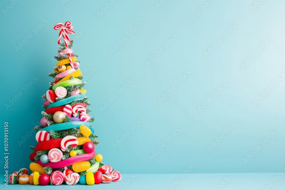 Christmas tree decorated entirely with candy canes, lollipops, and colorful ribbons, minimal teal background with copy space Christmas tree decorated entirely with candy canes, lollipops, and colorful ribbons, minimal teal background with copy space