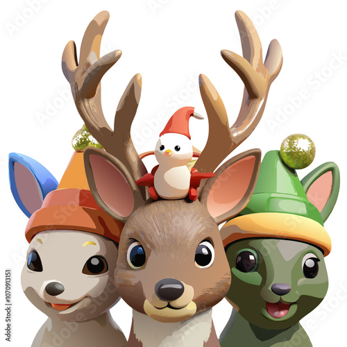3D festive reindeer with animal friends in hats icon