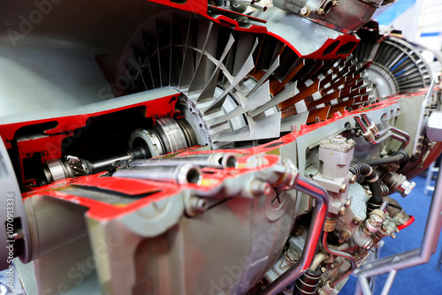 Closeup of the of a turboprop engine exhibited at an exhibition of military and civil technology
