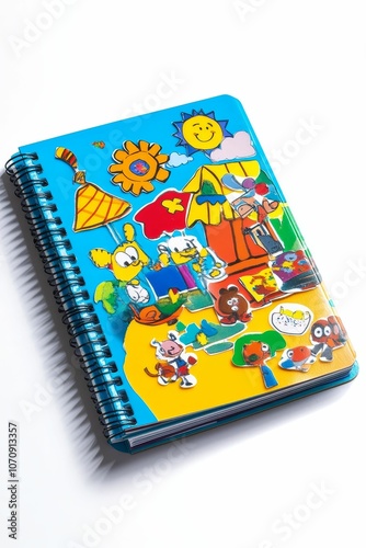 Colorful cartoon stickers on a blue notebook.