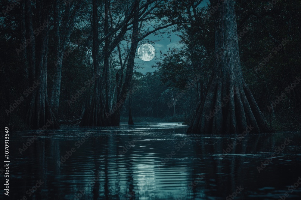 Fototapeta premium A serene scene of a swamp at night with the full moon shining through the trees
