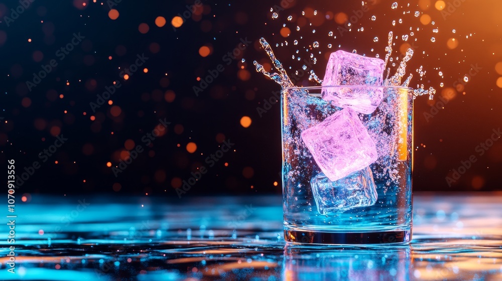 Ice Cubes Splashing in Glass with Neon Lights and Bokeh Background