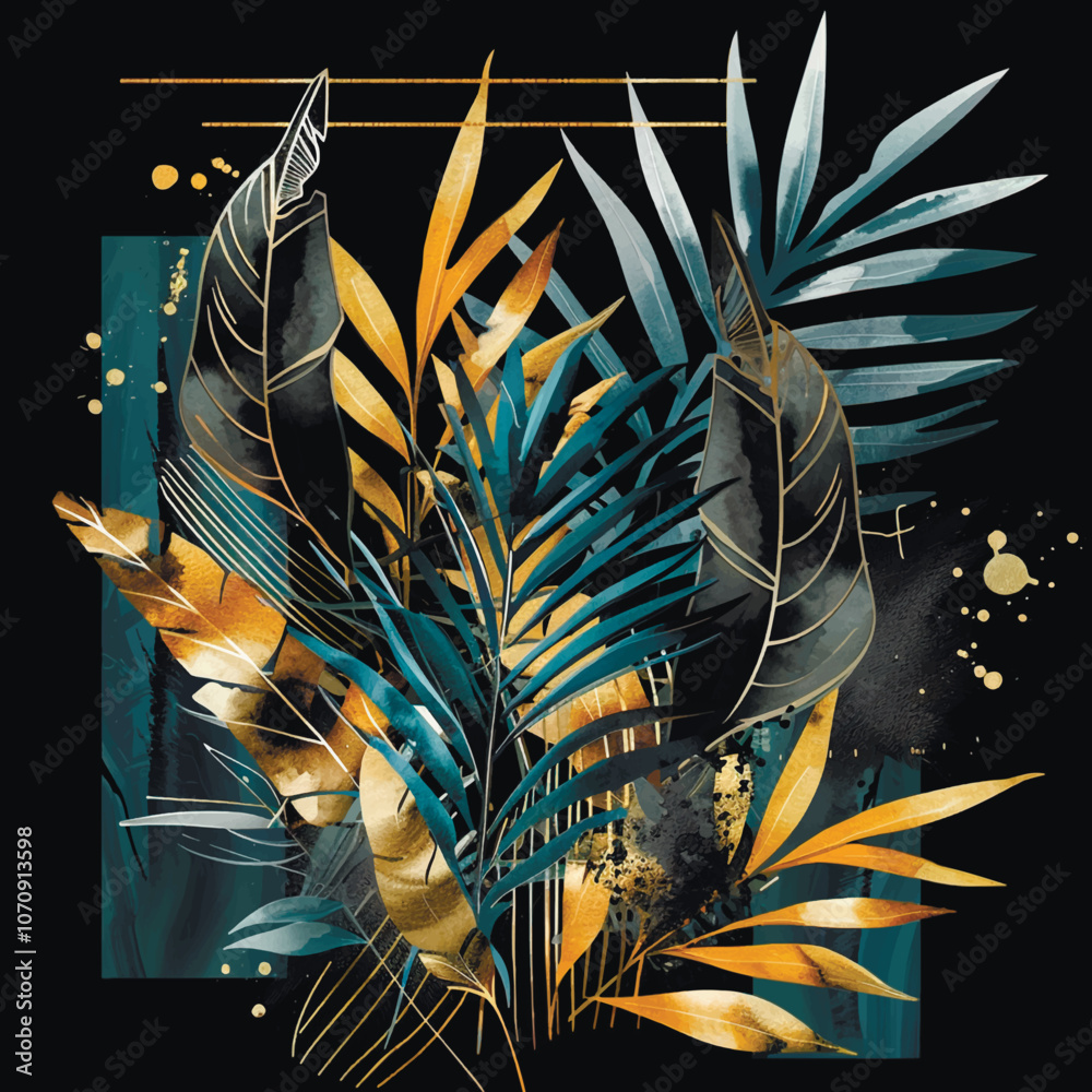 Naklejka premium Tropical 3d pattern composition with palm leaves, branches, splashes, drops, gold lines, frame. Vector leafy paint abstract background. Floral pattern. Trendy beautiful arrangement of tropical plants.