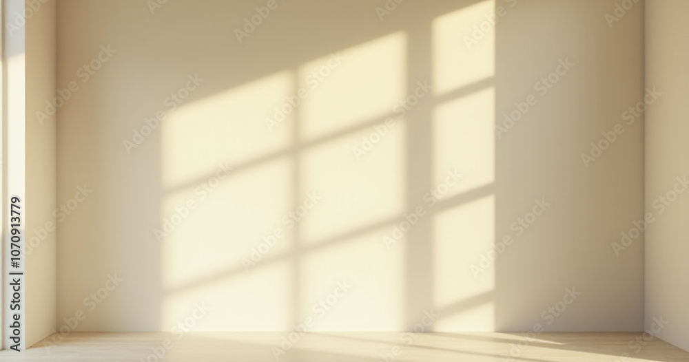 Soft light casts long shadows from a window on a beige wall with sun rays filtering into an empty minimalist room