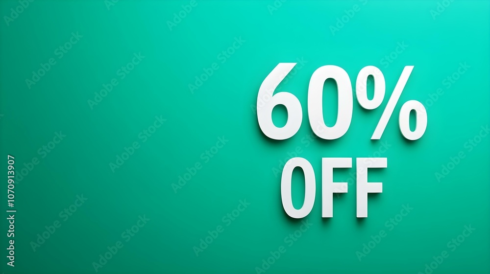 White '60% OFF' Promotional Sign on a Emerald Background with Copy Space White '60% OFF' Promotional Sign on a Emerald Background with Copy Space