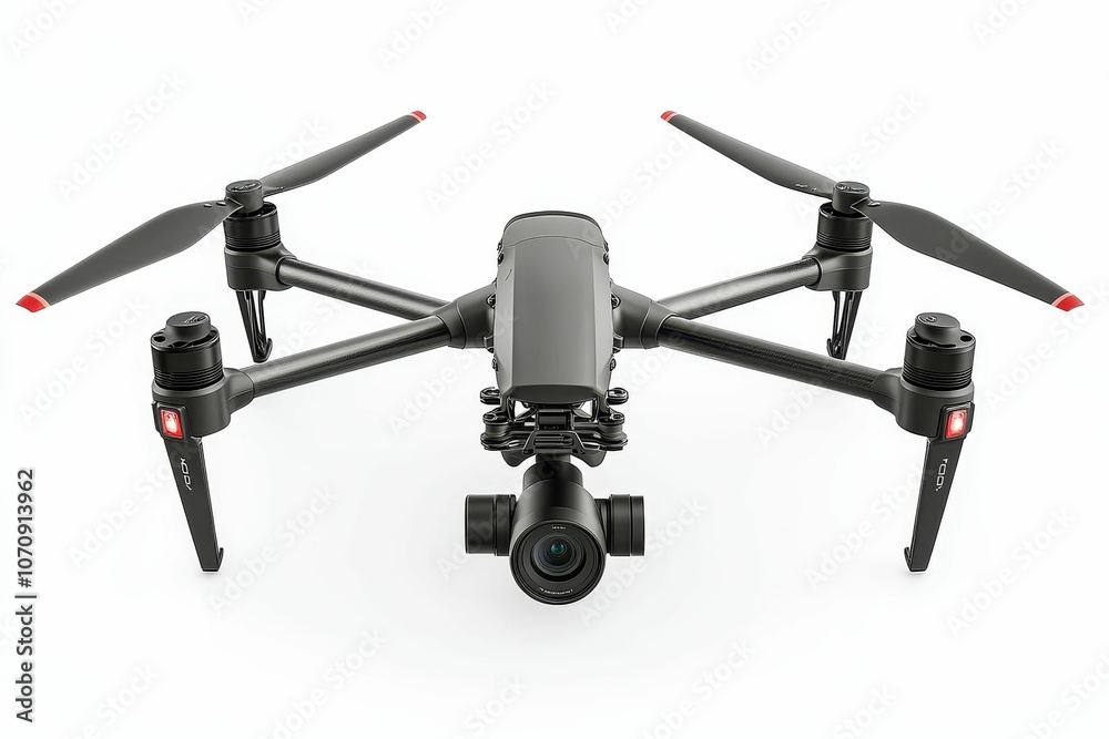 Black drone with camera facing down. Black drone with camera facing down.