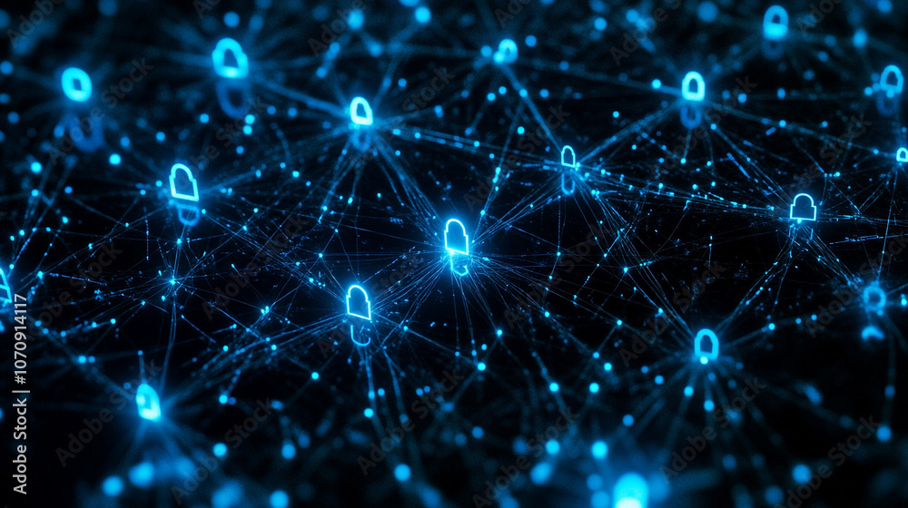 Abstract Blue Network with Padlock Icons Cybersecurity Concept Abstract Blue Network with Padlock Icons Cybersecurity Concept