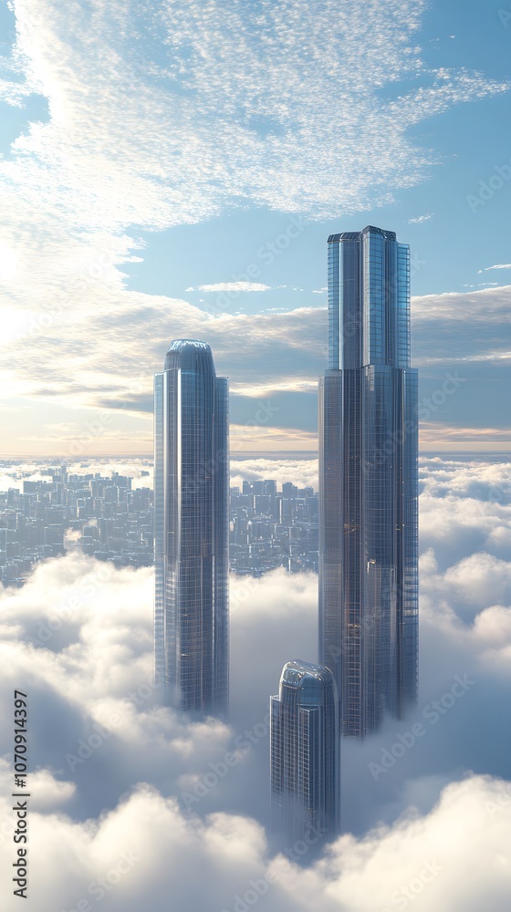 Fototapeta premium Skyscrapers in the clouds, cityscape, skyline, white background, futuristic architecture, city of the future