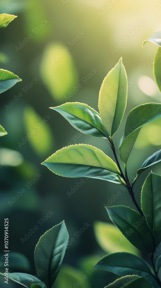 Fototapeta premium Sunlit green leaves thriving in a serene garden during a peaceful afternoon