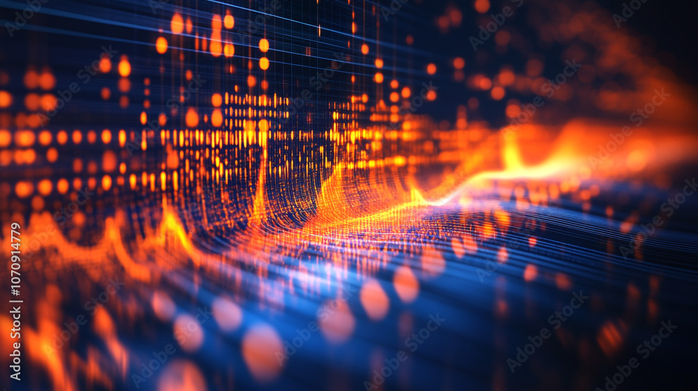 Abstract Digital Wave with Orange Glowing Lights and Blue Background Abstract Digital Wave with Orange Glowing Lights and Blue Background