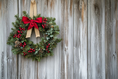 handmade wreath made of pine, holly, and burlap ribbon hanging on a weathered barn door, minimal background with copy space