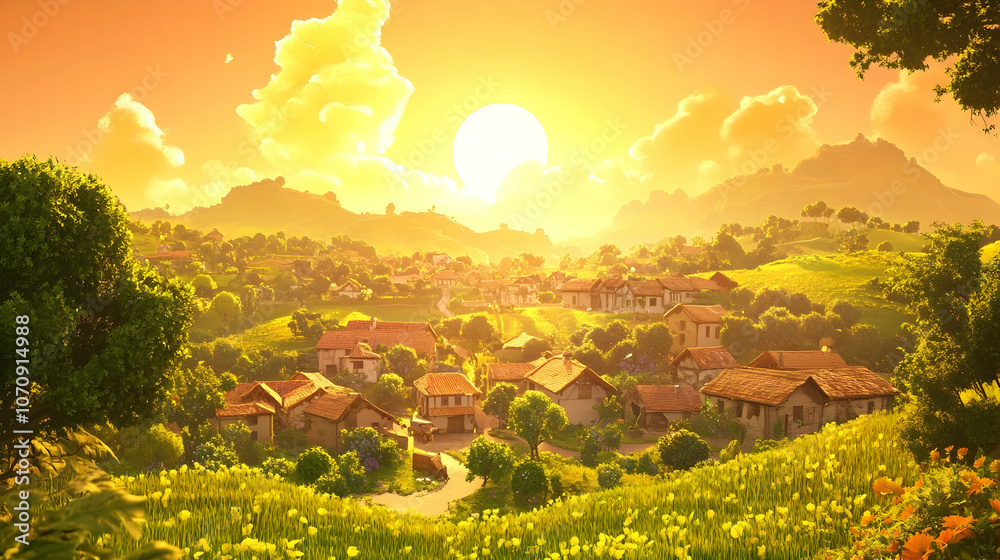 Naklejka premium A picturesque village nestled among rolling hills at sunset, bathed in golden light.
