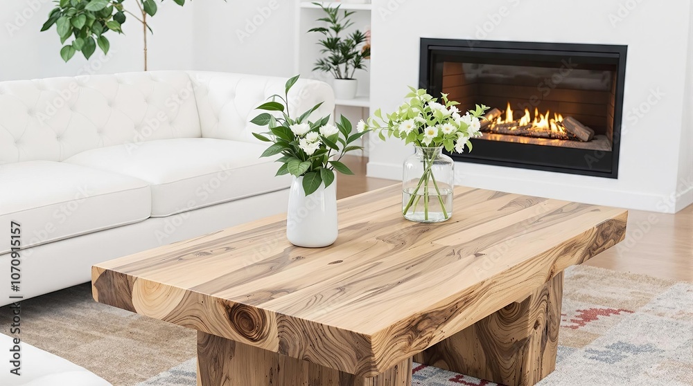 Modern Living Room Interior Design with Wooden Coffee Table and Fireplace Modern Living Room Interior Design with Wooden Coffee Table and Fireplace