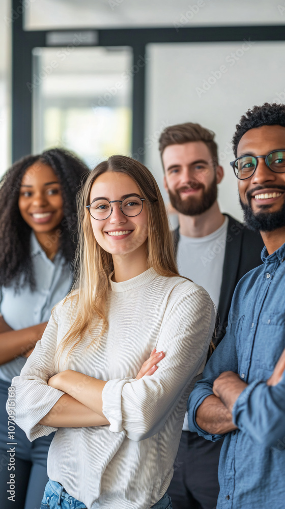 Naklejka premium Group of young professionals are smiling with their arms crossed in a modern office