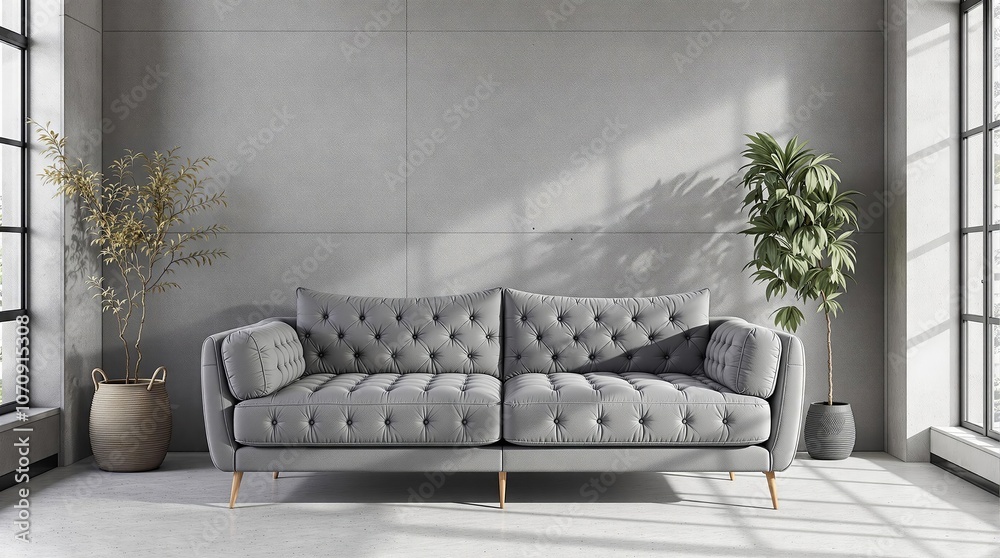 Obraz premium Modern Living Room Interior Design with Grey Sofa and Large Windows