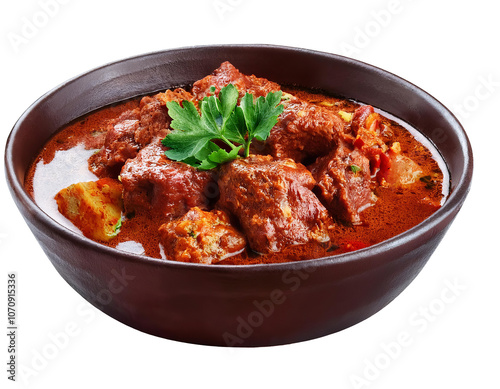 A bowl of beef stew displayed against a white backdrop, highlighting its savory ingredients 