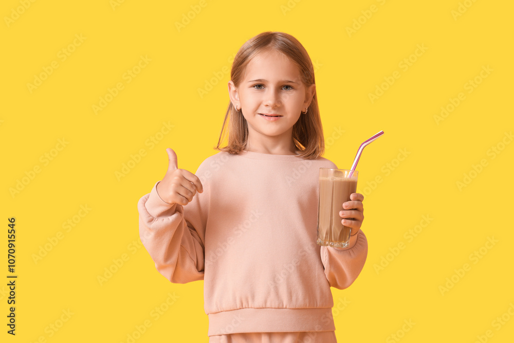 Cute little girl with glass of sweet chocolate milk showing thumb-up gesture on yellow background Cute little girl with glass of sweet chocolate milk showing thumb-up gesture on yellow background
