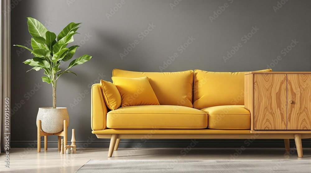 Fototapeta premium Modern Living Room with Yellow Sofa and Minimalist Decor