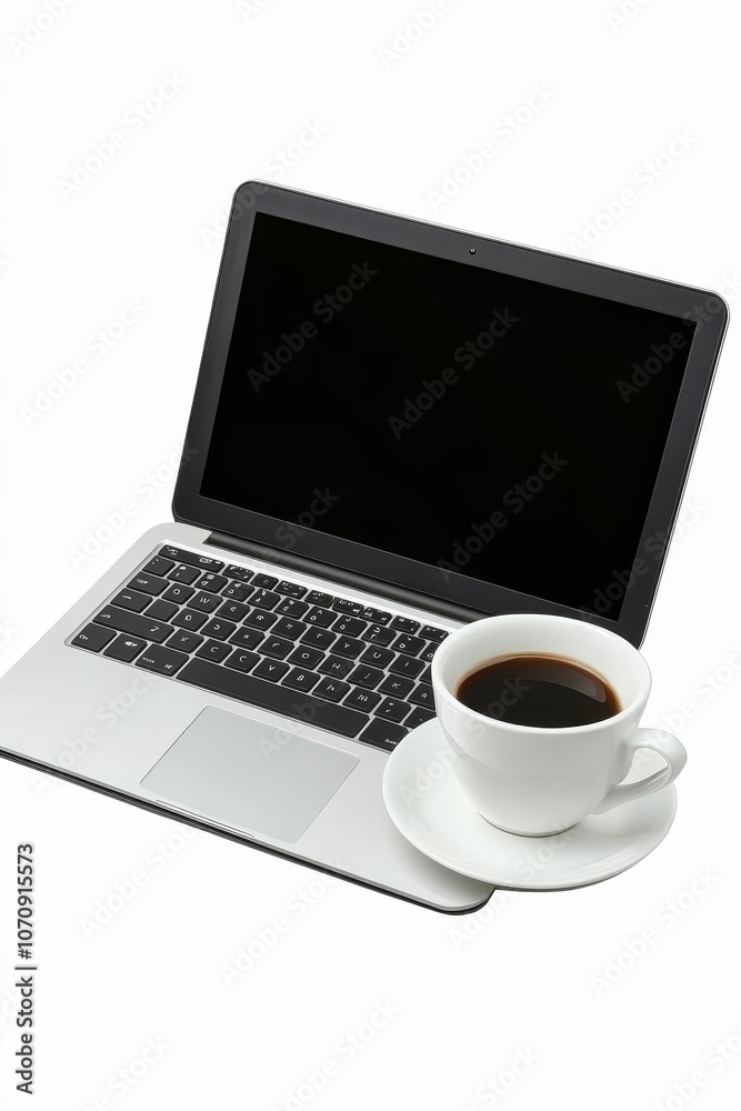 Laptop with black screen and cup of coffee. Laptop with black screen and cup of coffee.