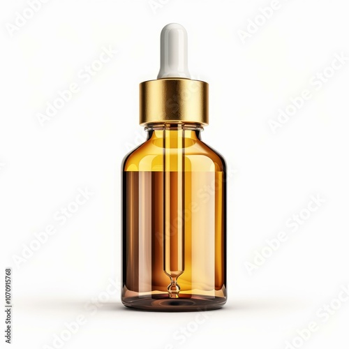 Transparent amber dropper bottle with gold elements is standing on a white background