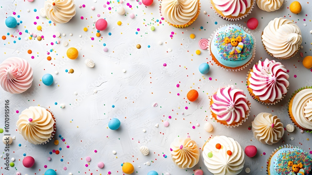 Fototapeta premium Colorful cupcakes with swirled frosting and sprinkles on a light background. Overhead view of decorated cupcakes for party themes and celebrations. Design for bakery menus and festive occasions