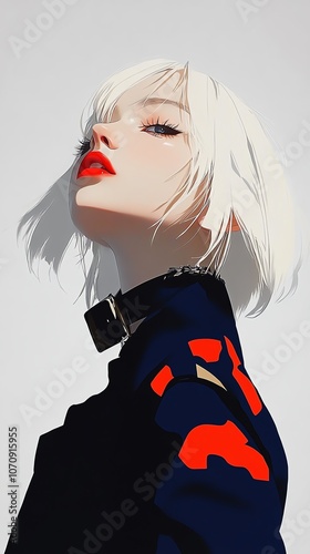 Blonde girl with straight bob, messy fringe, armypatterned jacket, choker, soft lighting, grungeinspired style, subtle shadows, intense gaze photo