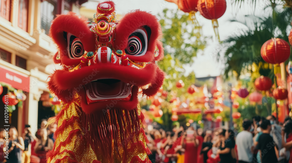 Fototapeta premium Red and gold Chinese lion dance costume in a lively street celebration with crowds, lanterns, and decorations for Chinese New Year. Traditional festival atmosphere full of color and joy.