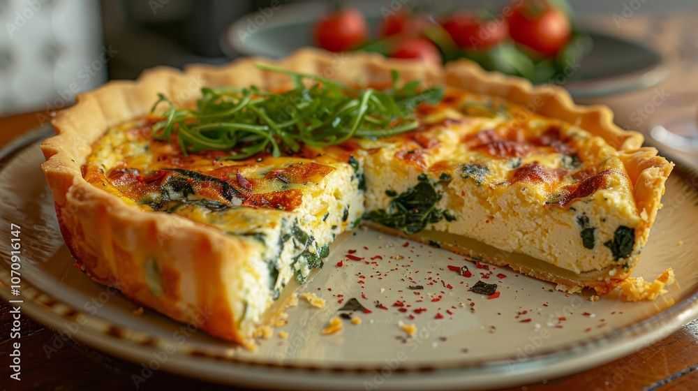 A delicious spinach and cheese quiche with a flaky crust, ready to be enjoyed.