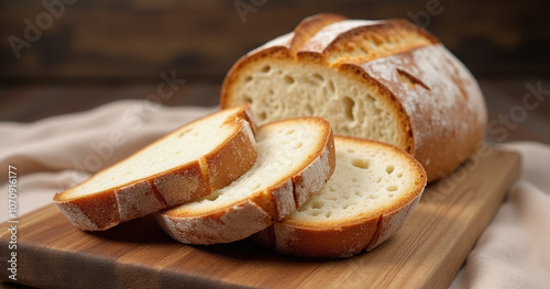 Sourdough bread with crispy crust sliced and laid out on a rustic wooden cutting board in full display photo
