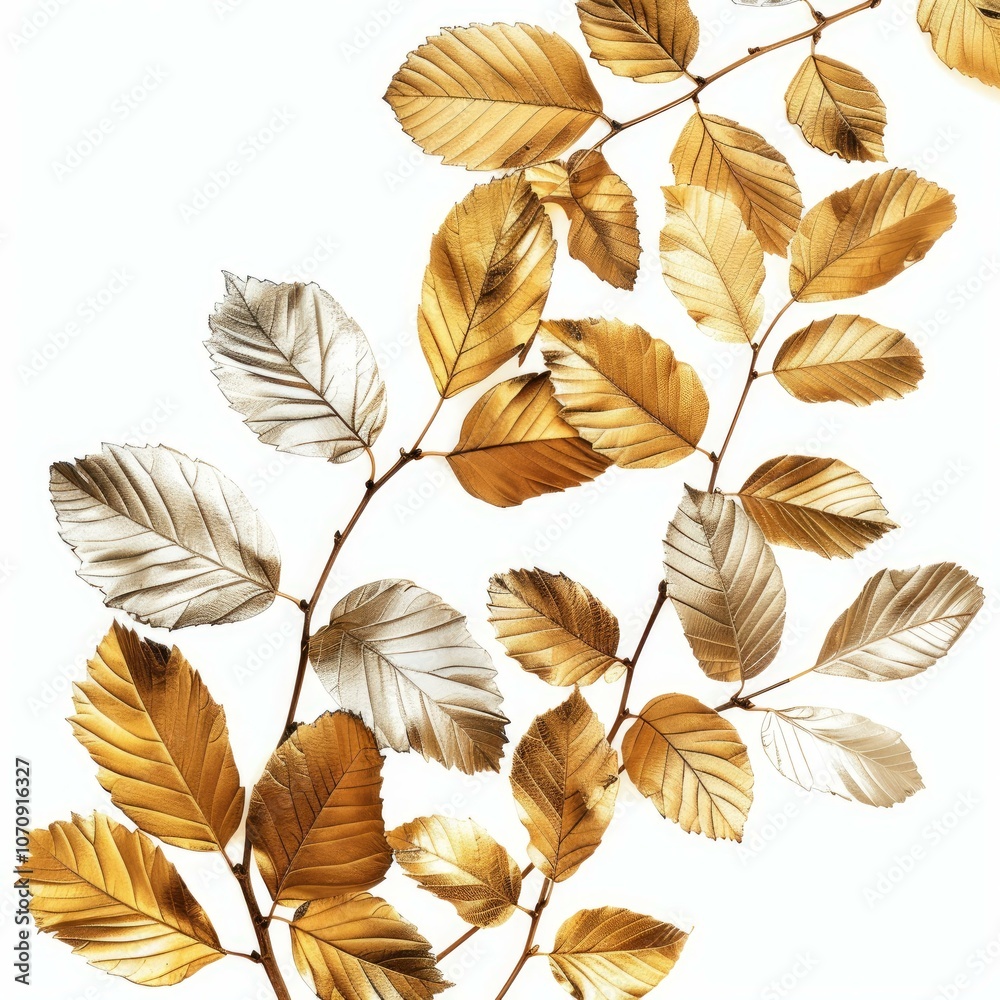 Fototapeta premium Golden and silver leaves branch growing on white background representing luxury and elegance