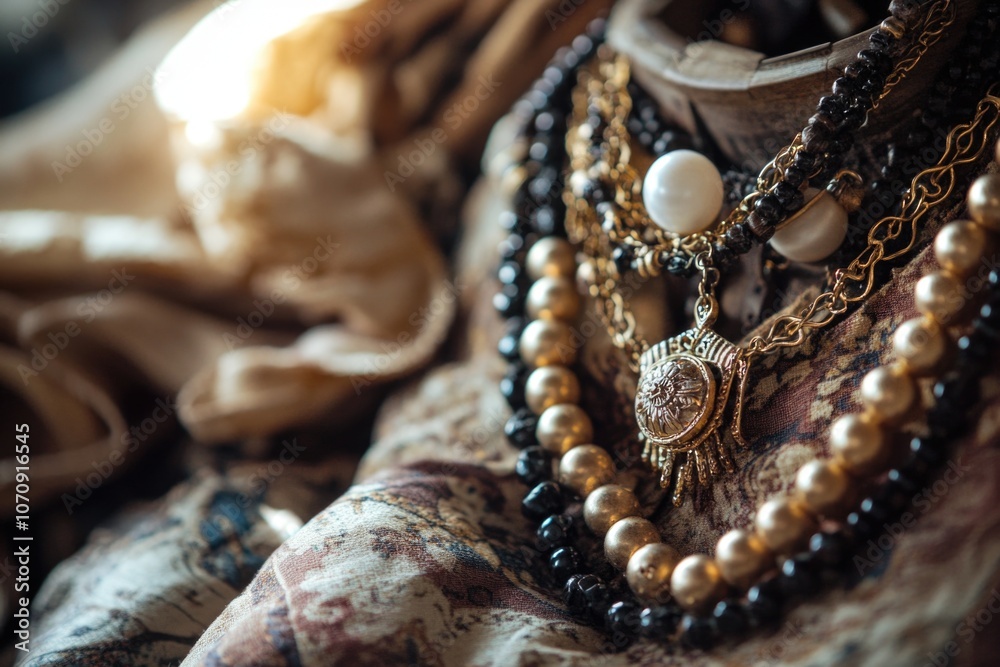 Close-up view of a beautiful necklace on a mannequin, perfect for jewelry or fashion photography Close-up view of a beautiful necklace on a mannequin, perfect for jewelry or fashion photography