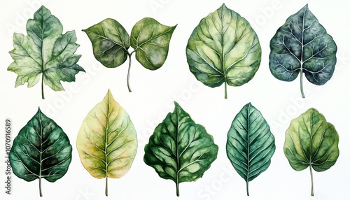 A collection of hand-painted leaves showcasing vibrant green hues and unique textures, perfect for nature-themed projects.