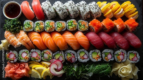A platter of fresh and colorful sushi rolls, featuring a variety of ingredients like salmon, tuna, avocado, and vegetables.