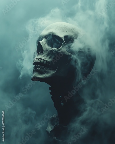 A haunting skull emerges from swirling fog, creating an eerie and atmospheric scene perfect for Halloween themes.