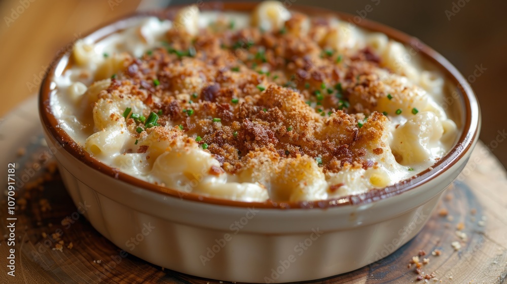 A close-up of a creamy mac and cheese dish with a crispy breadcrumb topping and a sprinkle of fresh herbs. The dish is served in a white ramekin on a wooden surface. A close-up of a creamy mac and cheese dish with a crispy breadcrumb topping and a sprinkle of fresh herbs. The dish is served in a white ramekin on a wooden surface.